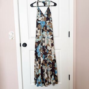 Notice Womens Y2K Floral Silk Halter Maxi Dress Size Small Fairy Boho Earthy VTG